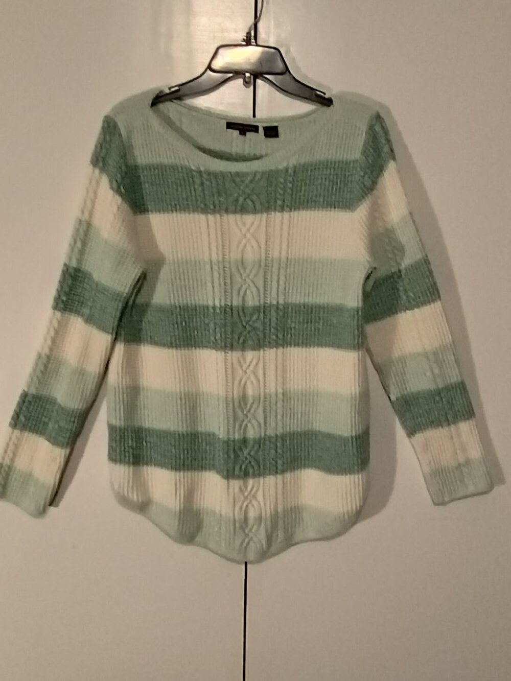 Jeanne Pierre Mint Green White Striped Cable Knit Sweater Women’s 100% Cotton - Picture 2 of 8